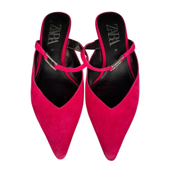 ZARA Fuchsia Pink Suede Kitten Heel Slides Size 37 - Picture 2 of 7